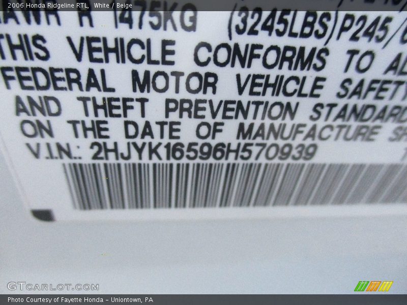 White / Beige 2006 Honda Ridgeline RTL