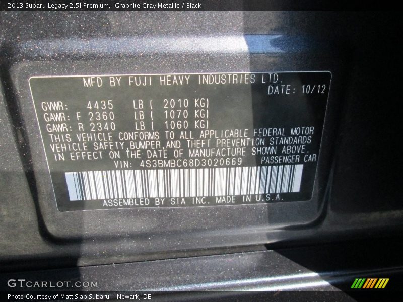 Graphite Gray Metallic / Black 2013 Subaru Legacy 2.5i Premium
