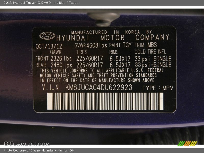Iris Blue / Taupe 2013 Hyundai Tucson GLS AWD