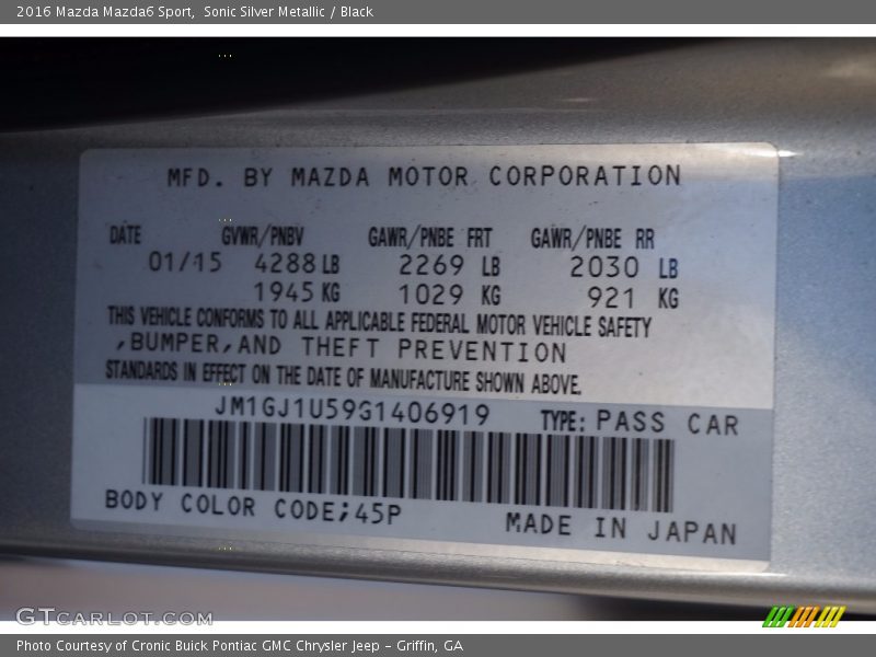 Sonic Silver Metallic / Black 2016 Mazda Mazda6 Sport