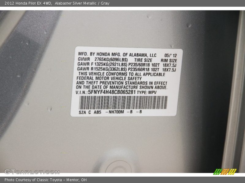 Alabaster Silver Metallic / Gray 2012 Honda Pilot EX 4WD