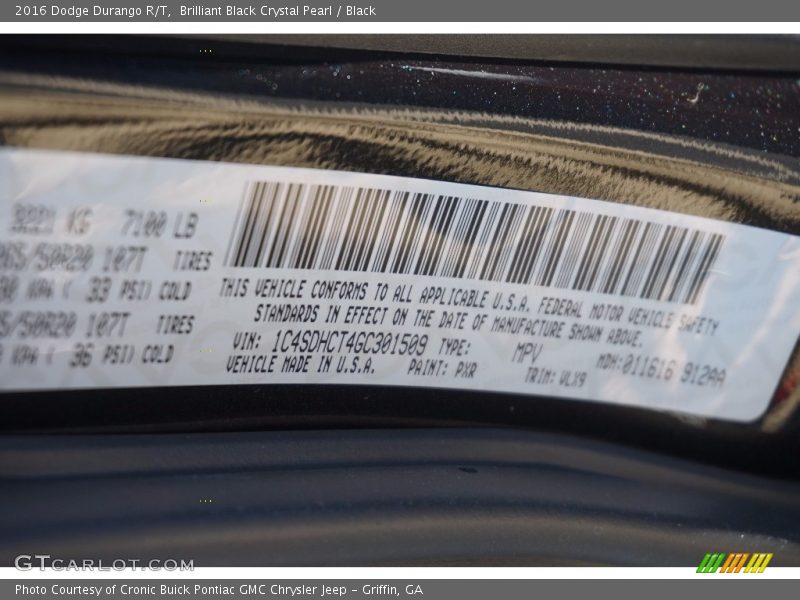 2016 Durango R/T Brilliant Black Crystal Pearl Color Code PXR
