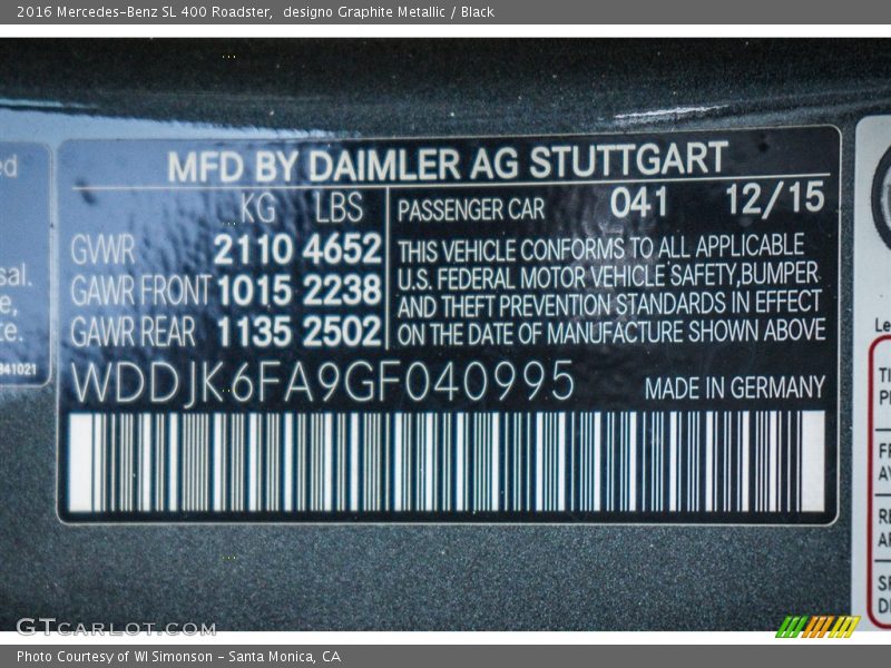 2016 SL 400 Roadster designo Graphite Metallic Color Code 041