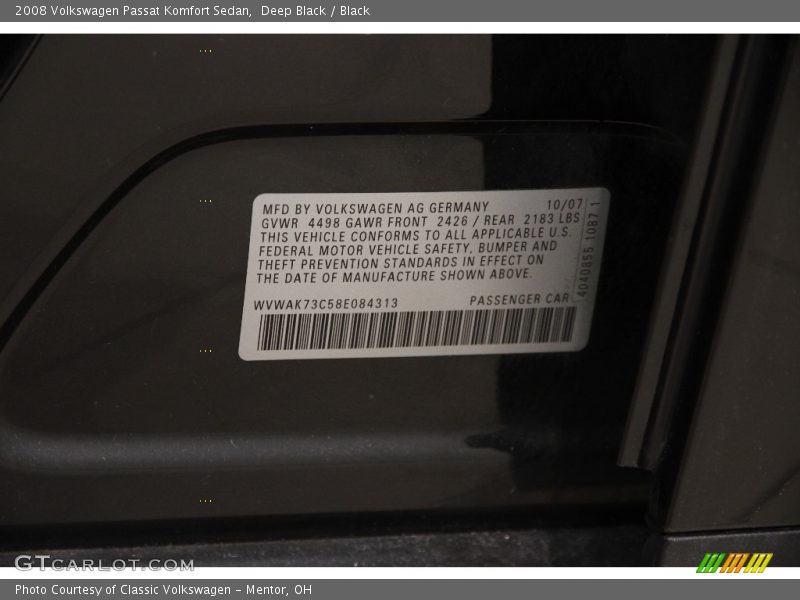 Deep Black / Black 2008 Volkswagen Passat Komfort Sedan