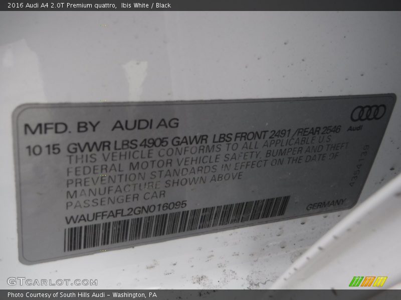 Ibis White / Black 2016 Audi A4 2.0T Premium quattro