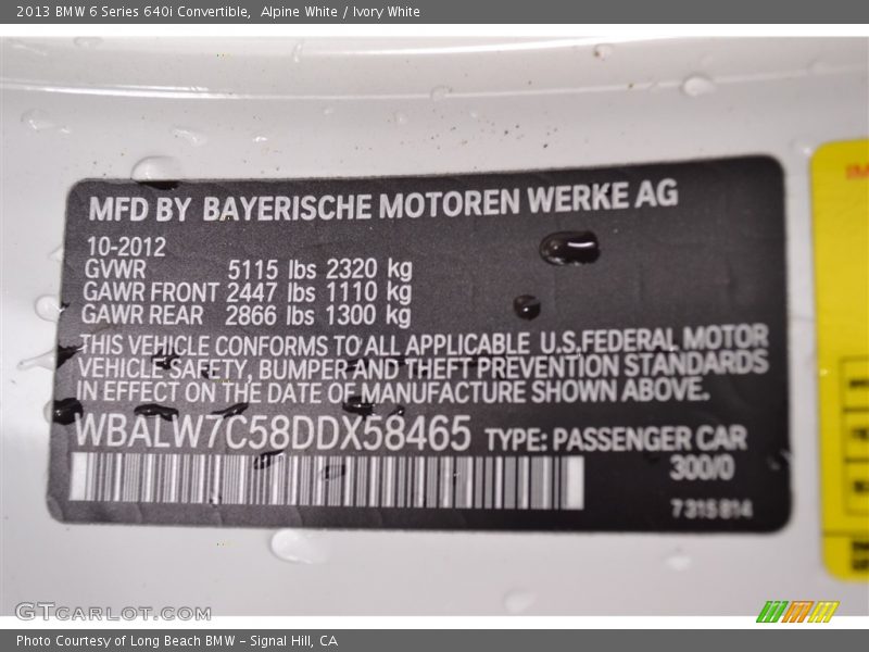 Alpine White / Ivory White 2013 BMW 6 Series 640i Convertible