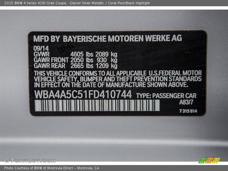 Glacier Silver Metallic / Coral Red/Black Highlight 2015 BMW 4 Series 428i Gran Coupe