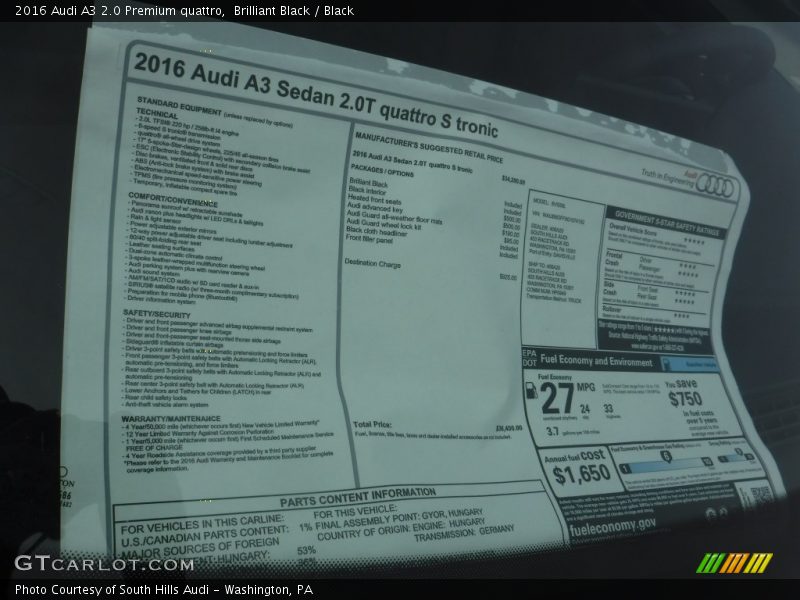 Brilliant Black / Black 2016 Audi A3 2.0 Premium quattro