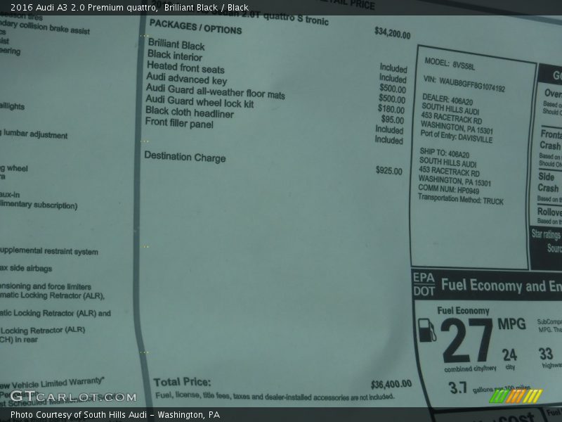 Brilliant Black / Black 2016 Audi A3 2.0 Premium quattro