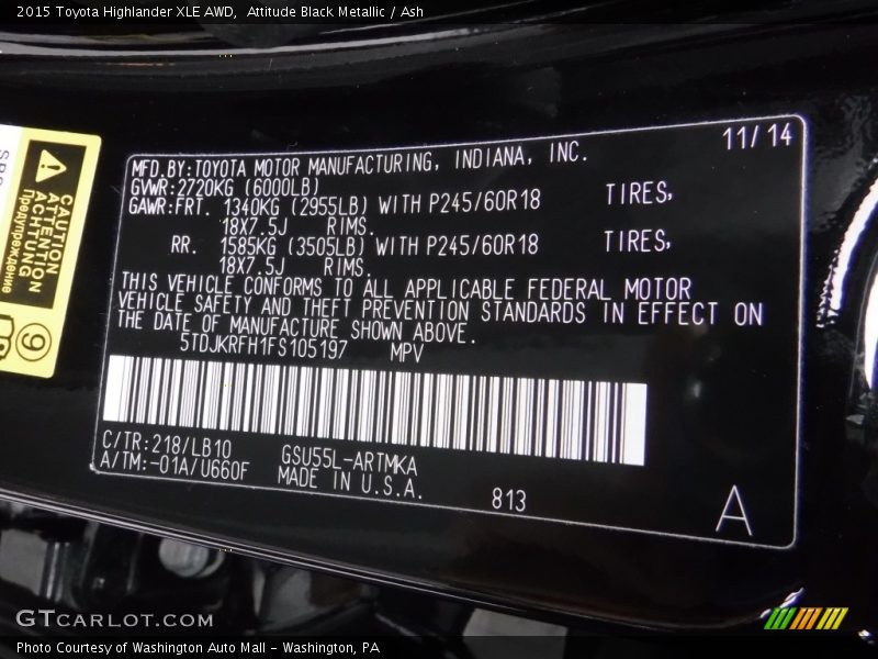Attitude Black Metallic / Ash 2015 Toyota Highlander XLE AWD