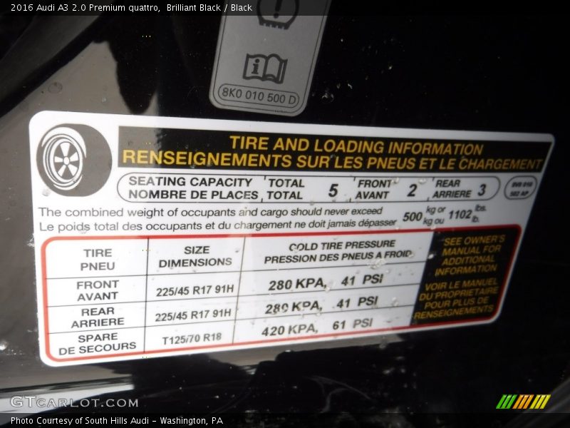 Brilliant Black / Black 2016 Audi A3 2.0 Premium quattro