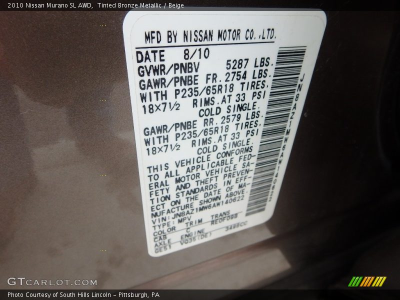 Tinted Bronze Metallic / Beige 2010 Nissan Murano SL AWD