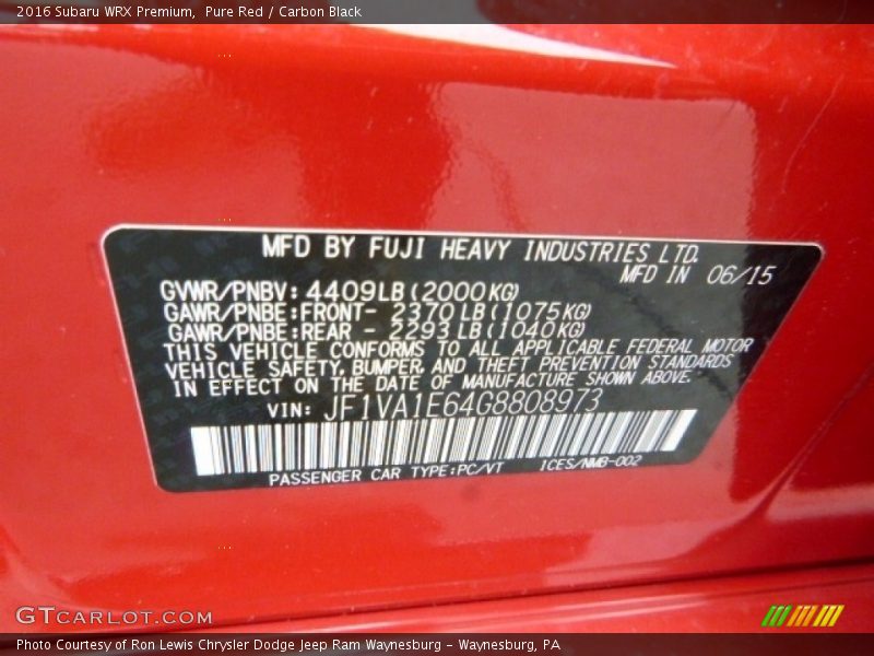 Pure Red / Carbon Black 2016 Subaru WRX Premium