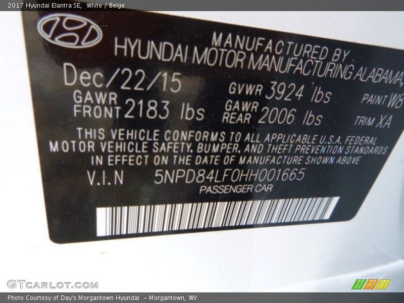 White / Beige 2017 Hyundai Elantra SE