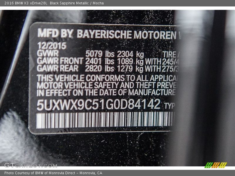 Black Sapphire Metallic / Mocha 2016 BMW X3 xDrive28i