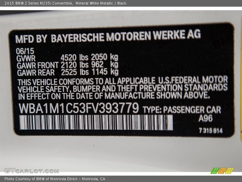 Mineral White Metallic / Black 2015 BMW 2 Series M235i Convertible