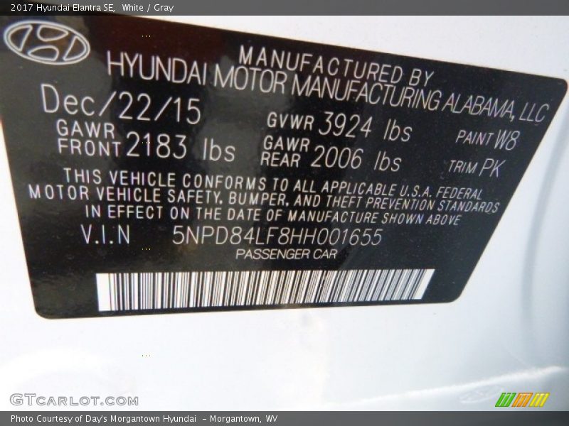 White / Gray 2017 Hyundai Elantra SE