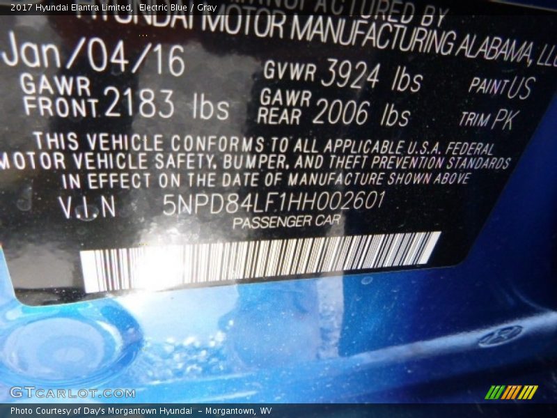 Electric Blue / Gray 2017 Hyundai Elantra Limited