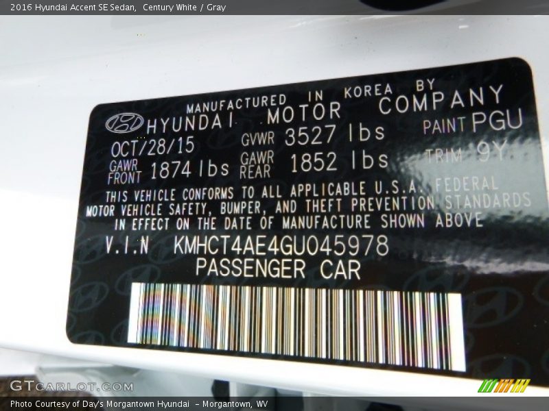 Century White / Gray 2016 Hyundai Accent SE Sedan