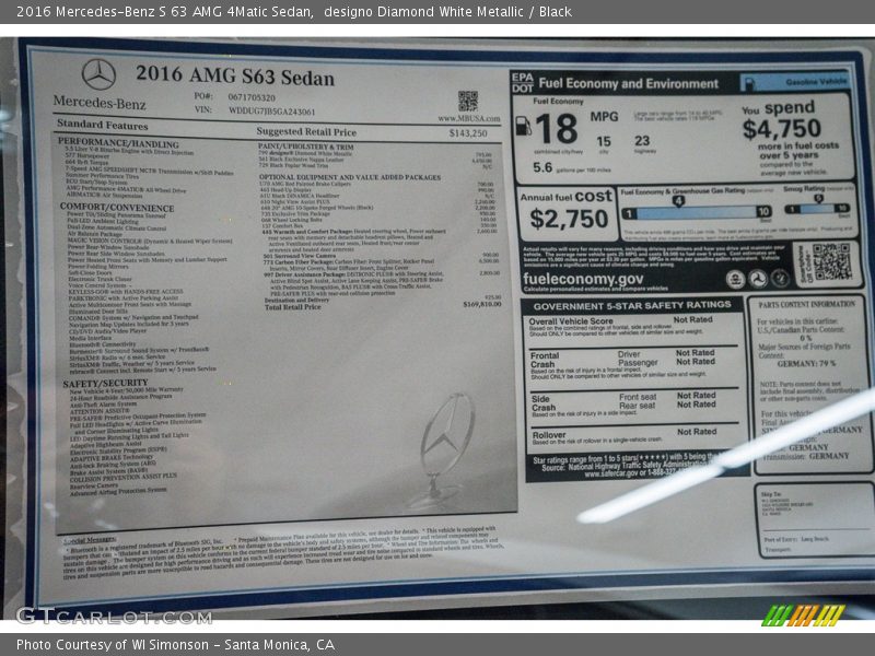  2016 S 63 AMG 4Matic Sedan Window Sticker