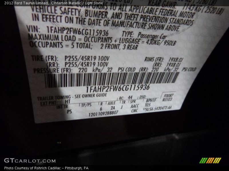 Cinnamon Metallic / Light Stone 2012 Ford Taurus Limited