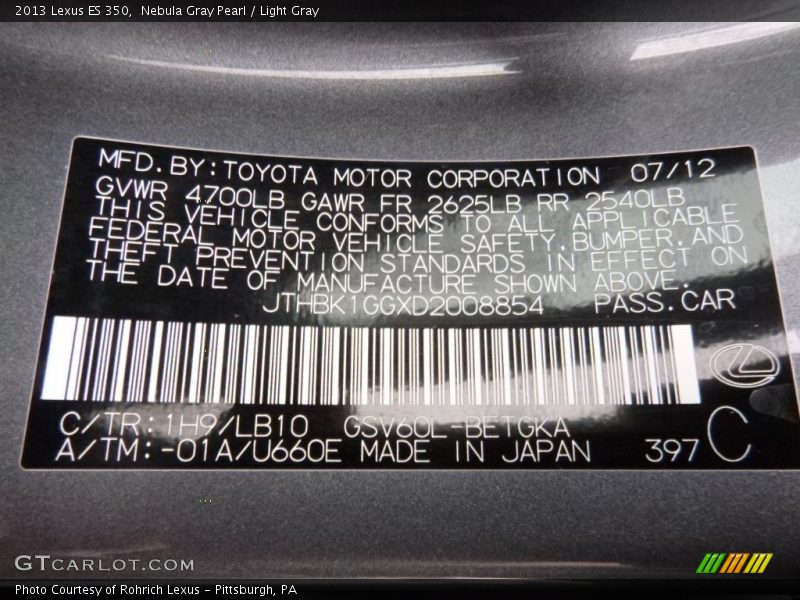 Nebula Gray Pearl / Light Gray 2013 Lexus ES 350
