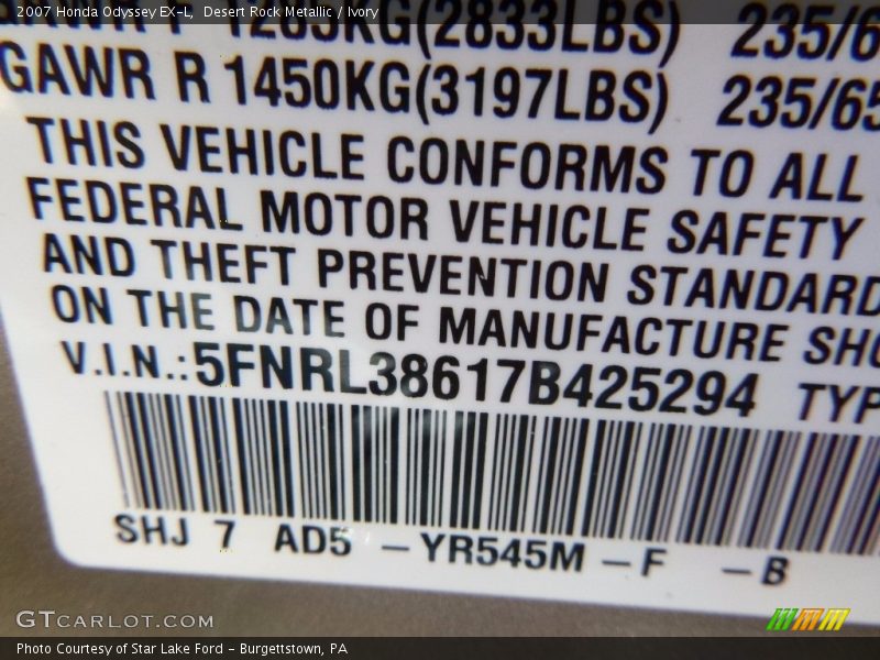 Desert Rock Metallic / Ivory 2007 Honda Odyssey EX-L