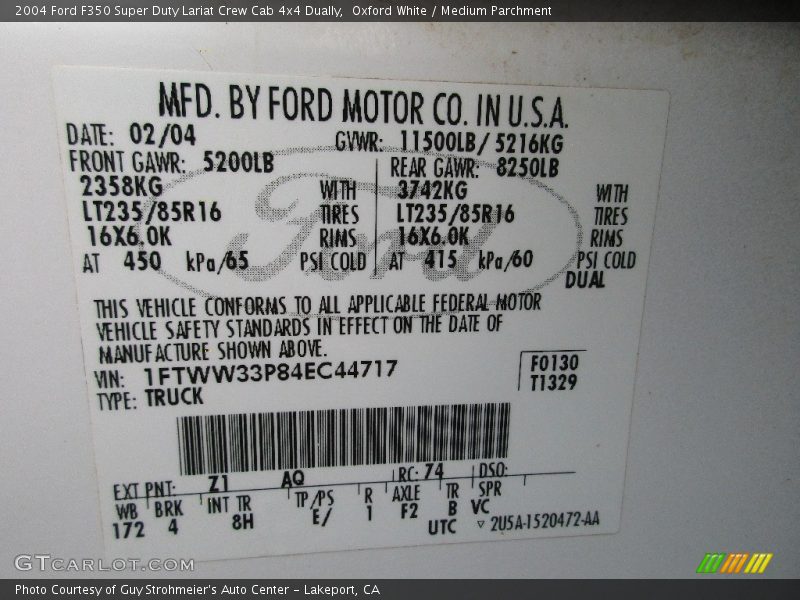 Oxford White / Medium Parchment 2004 Ford F350 Super Duty Lariat Crew Cab 4x4 Dually