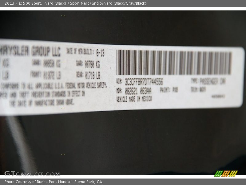 Nero (Black) / Sport Nero/Grigio/Nero (Black/Gray/Black) 2013 Fiat 500 Sport