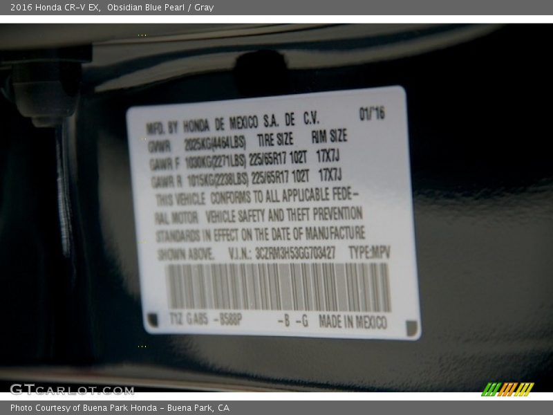 Obsidian Blue Pearl / Gray 2016 Honda CR-V EX
