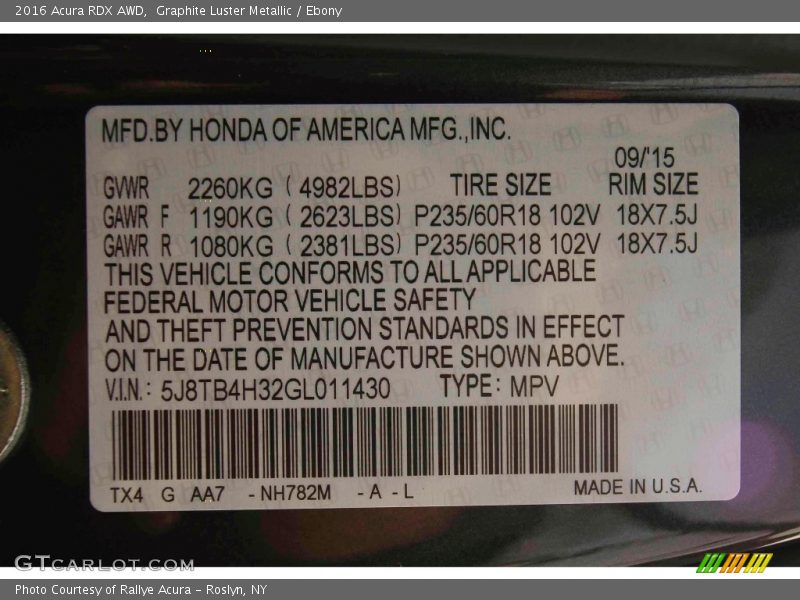 Graphite Luster Metallic / Ebony 2016 Acura RDX AWD