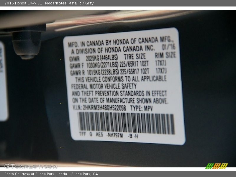 Modern Steel Metallic / Gray 2016 Honda CR-V SE