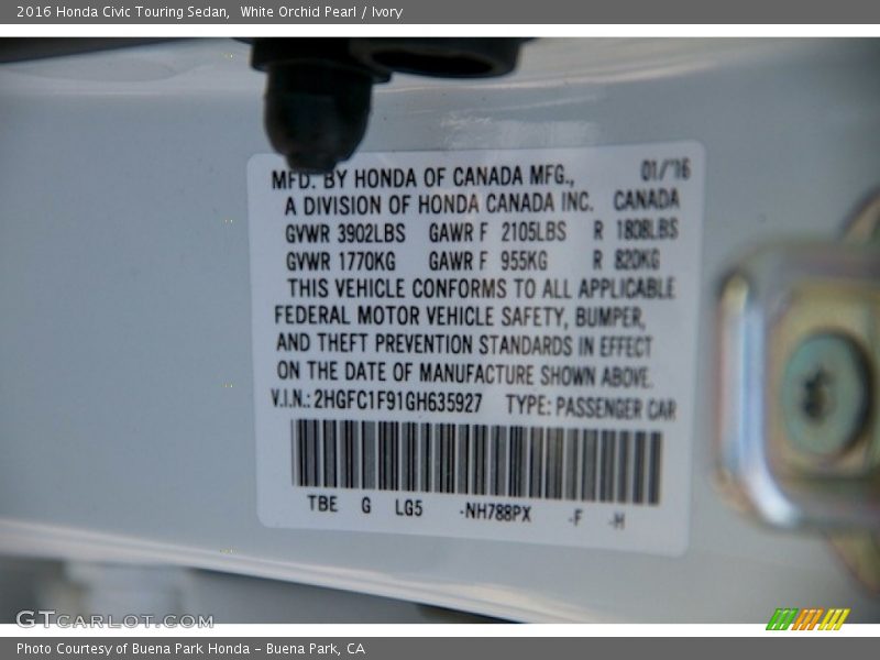 White Orchid Pearl / Ivory 2016 Honda Civic Touring Sedan