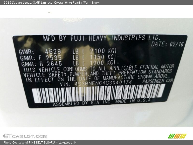 Crystal White Pearl / Warm Ivory 2016 Subaru Legacy 3.6R Limited