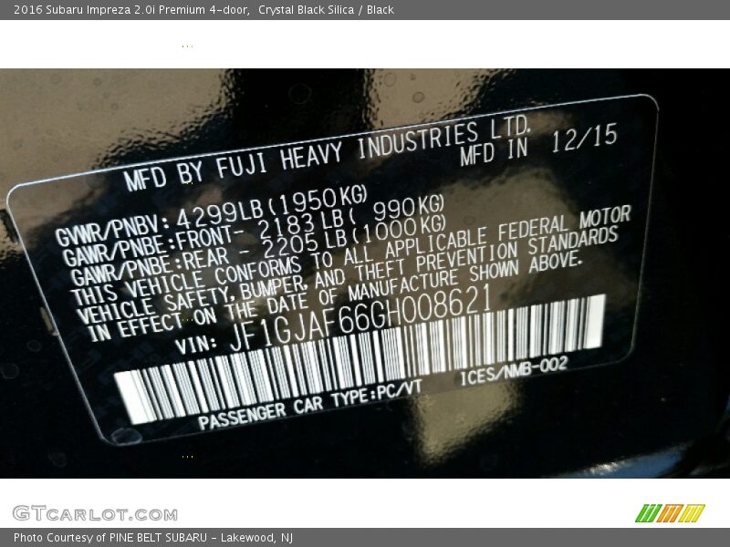Crystal Black Silica / Black 2016 Subaru Impreza 2.0i Premium 4-door