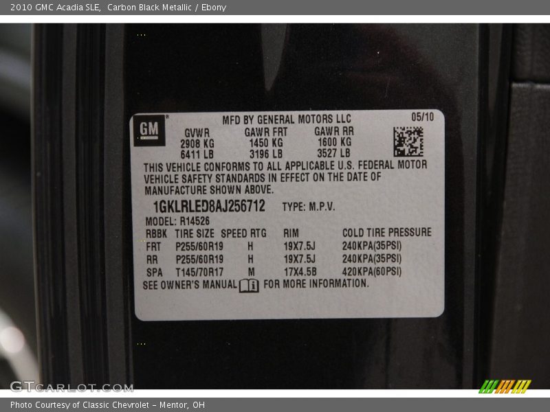 Carbon Black Metallic / Ebony 2010 GMC Acadia SLE