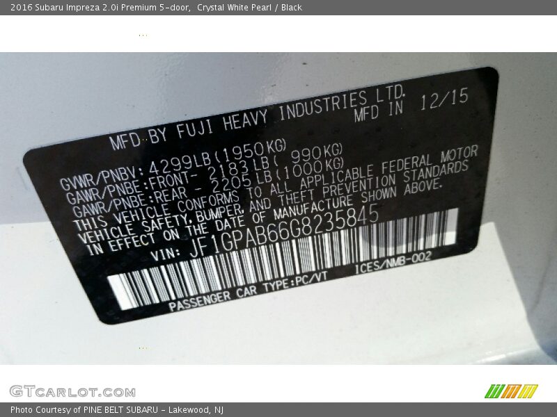 Crystal White Pearl / Black 2016 Subaru Impreza 2.0i Premium 5-door