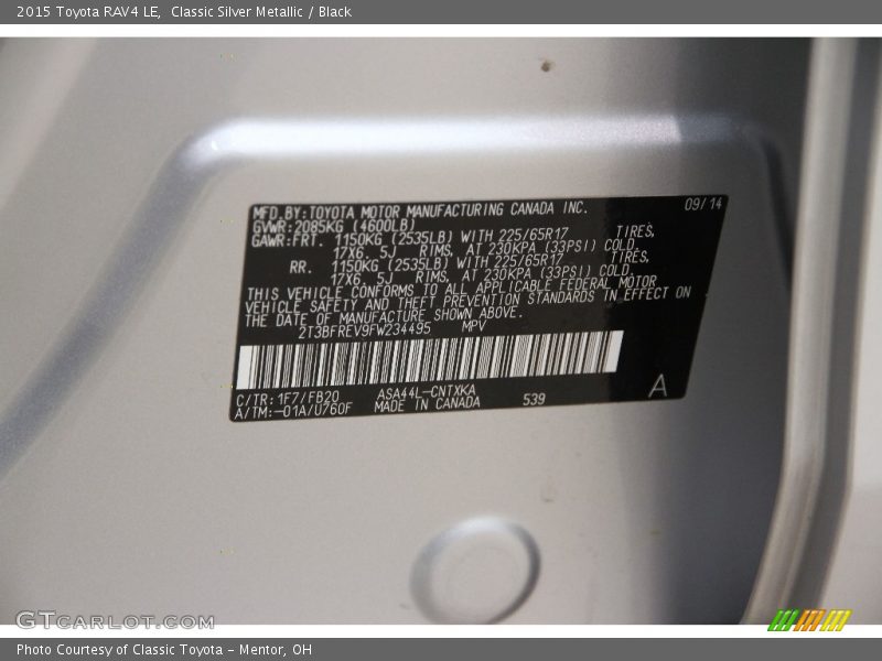 Classic Silver Metallic / Black 2015 Toyota RAV4 LE