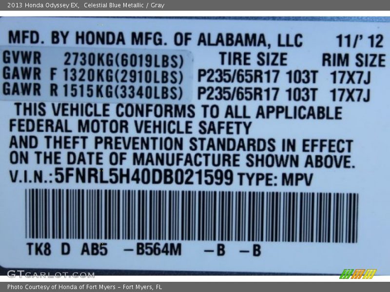 Celestial Blue Metallic / Gray 2013 Honda Odyssey EX