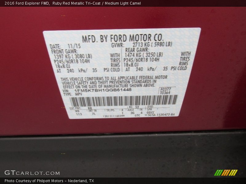 2016 Explorer FWD Ruby Red Metallic Tri-Coat Color Code RR