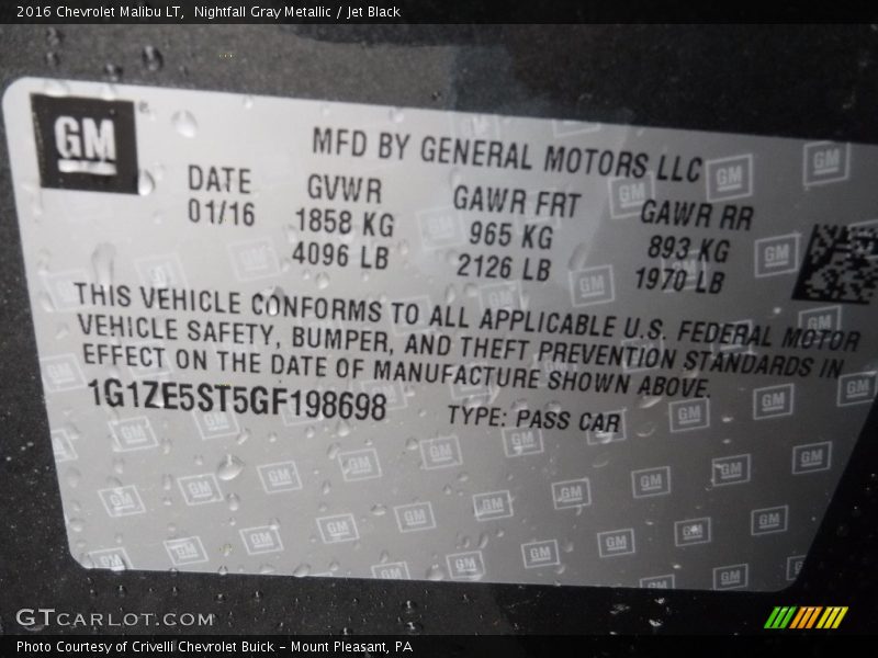 Nightfall Gray Metallic / Jet Black 2016 Chevrolet Malibu LT