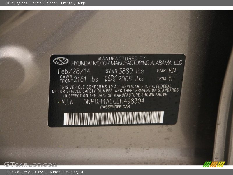 Bronze / Beige 2014 Hyundai Elantra SE Sedan