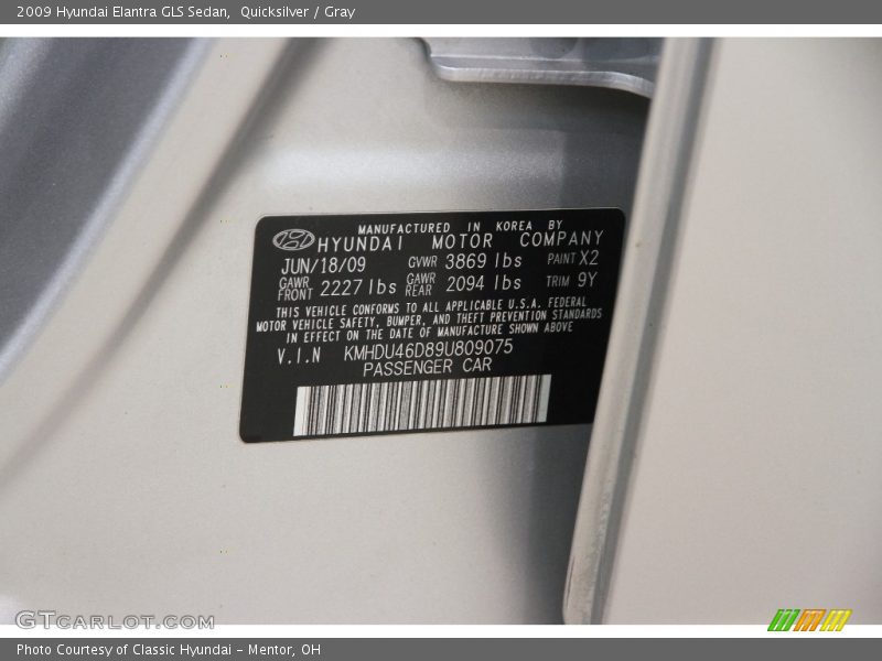 Quicksilver / Gray 2009 Hyundai Elantra GLS Sedan