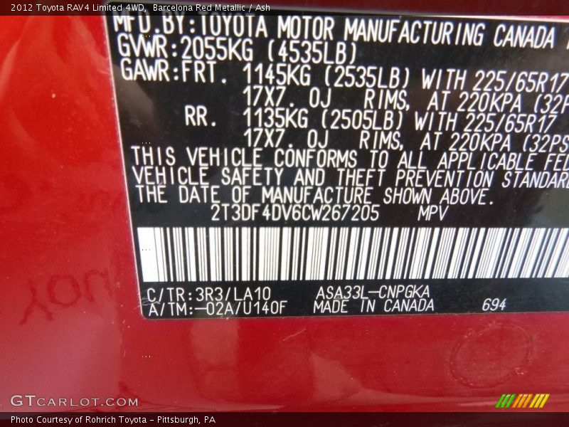 Barcelona Red Metallic / Ash 2012 Toyota RAV4 Limited 4WD