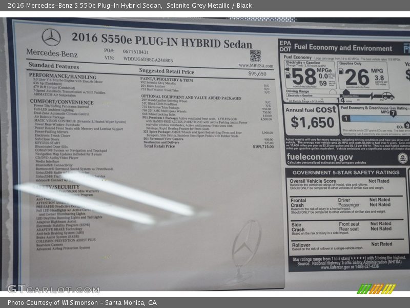  2016 S 550e Plug-In Hybrid Sedan Window Sticker