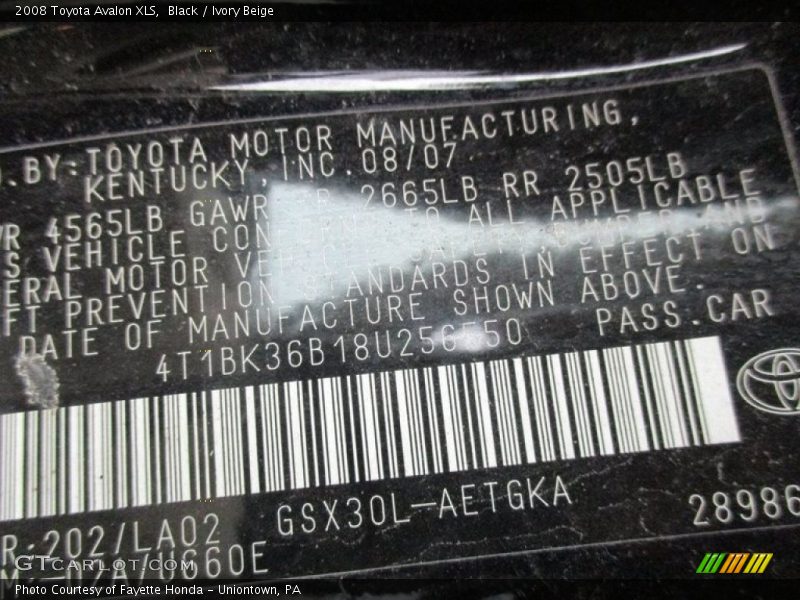 Black / Ivory Beige 2008 Toyota Avalon XLS