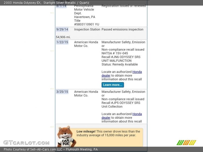 Starlight Silver Metallic / Quartz 2003 Honda Odyssey EX