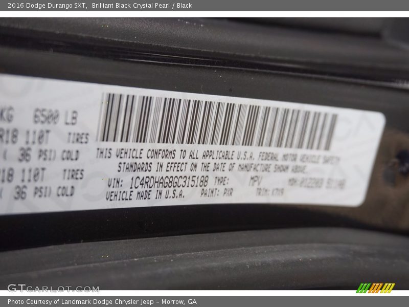 2016 Durango SXT Brilliant Black Crystal Pearl Color Code PXR