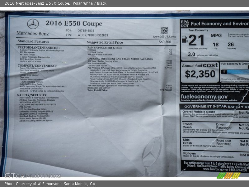  2016 E 550 Coupe Window Sticker