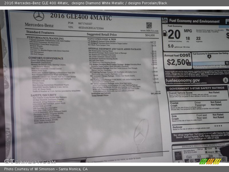  2016 GLE 400 4Matic Window Sticker